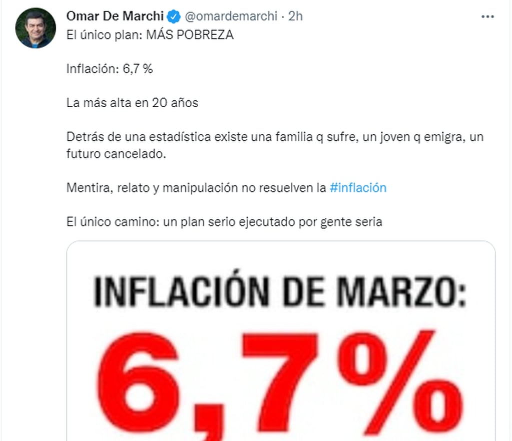 El diputado nacional Omar De Marchi apuntó contra el Gobierno nacional por la inflación
