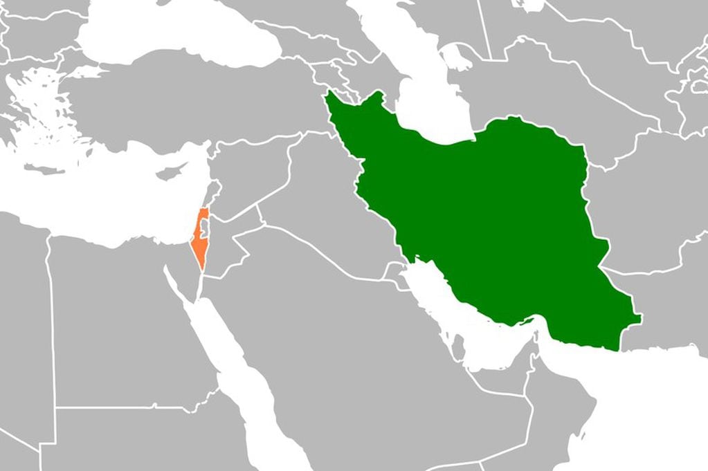 Mapa de Medio Oriente: en naranja, Israel, en Verde, Irán.