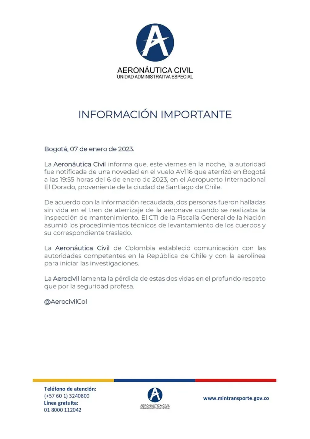 Mensaje oficial de Aeronáutica Civil de Colombia compartido en su cuenta de Twitter (@AerocivilCol).