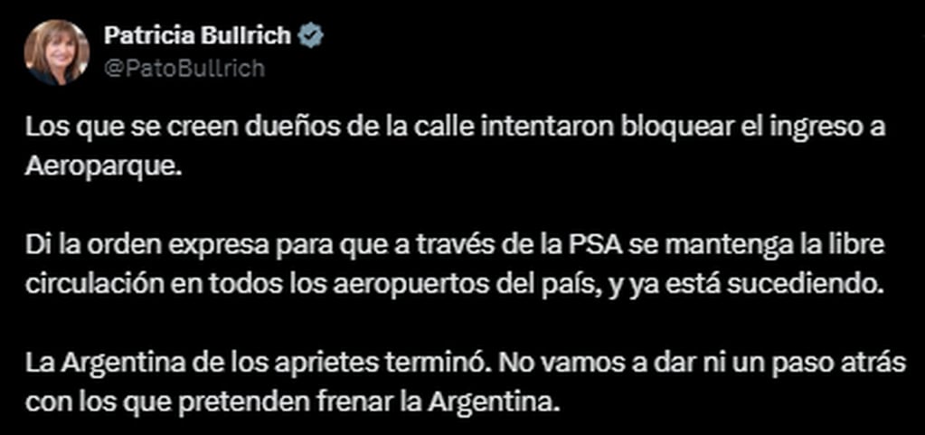 El tuit de Bullrich: “La Argentina de los aprietes terminó”. Foto: captura. 