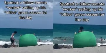 Video: lo descubrieron instalando un croma en la playa para fingir estar trabajando desde su oficina