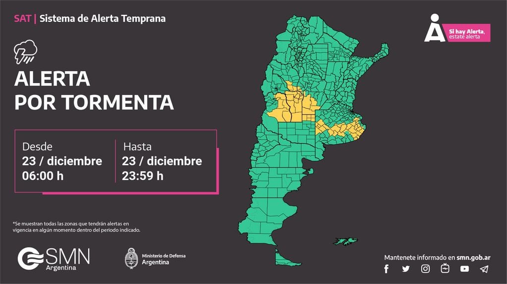 Alerta amarilla en Mendoza y otras provincias de Argentina. Foto: X / @SMN_Alertas