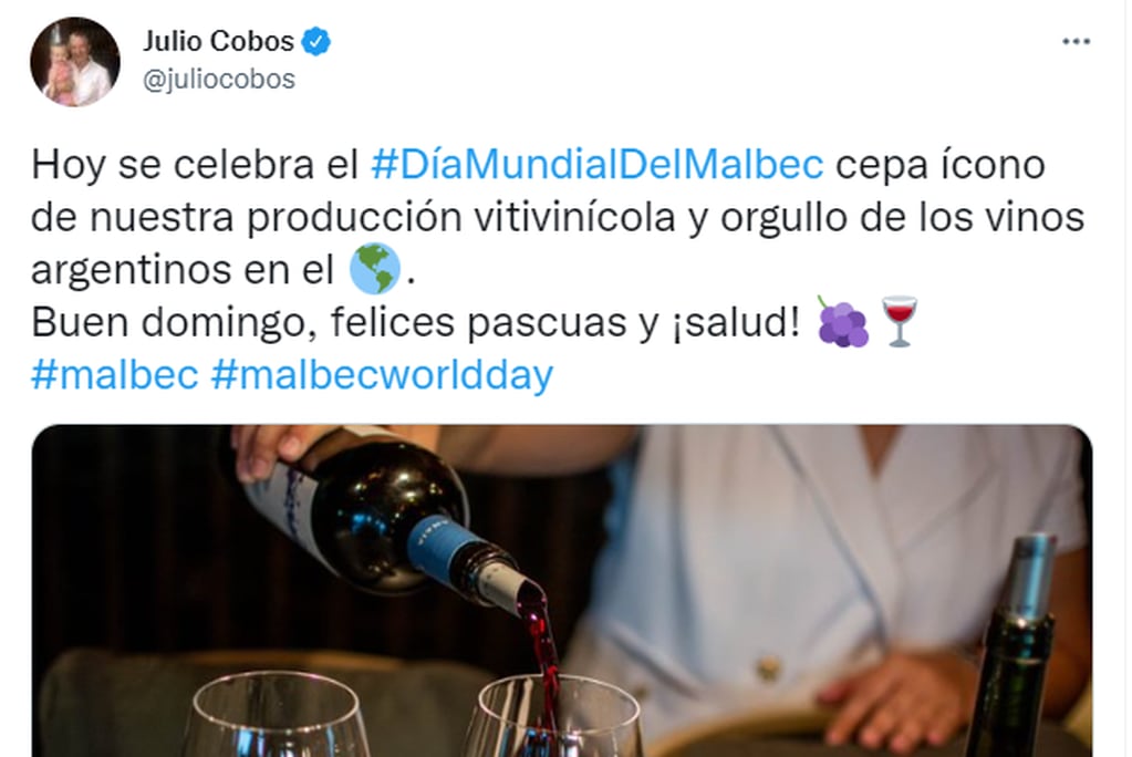 El diputado nacional Julio Cobos está orgulloso de los vinos argentinos.