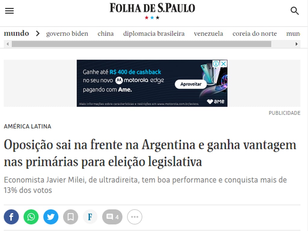 Folha de Sao Paulo, uno de los diarios más importantes de Brasil. Foto: Captura Web.