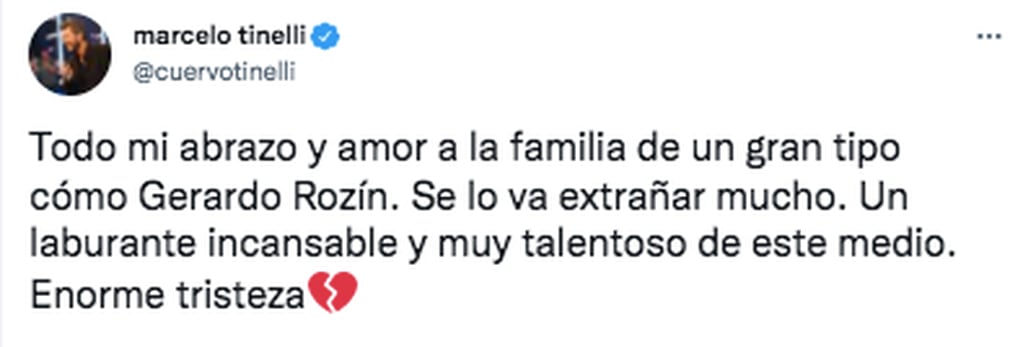 El mensaje de Marcelo Tinelli por la muerte de Gerardo Rozín (Twitter)