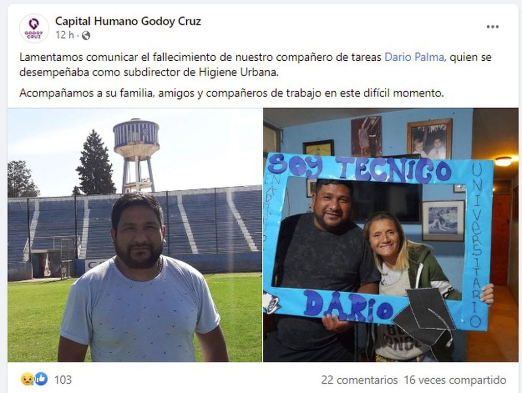 Dolor en las redes sociales por la muerte de Darío Palma, funcionario de la Municipalidad de Godoy Cruz ahogado en El Carrizal (Facebook)