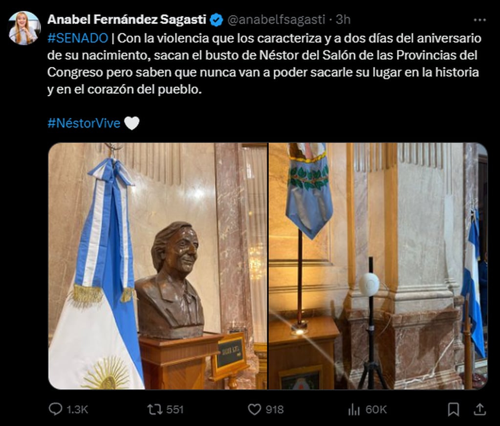 Posteo de Anabel Fernández Sagasti, horas antes de la sesión donde se discutió por el busto de Néstor Kirchner. Foto Captura: X / @anabelfsagasti