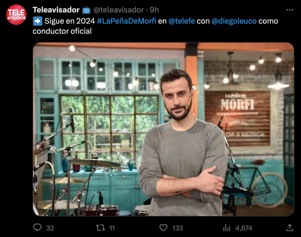 Teleavisador confirmó que Telefe eligió a Diego Leuco como conductor de "La peña de morfi" en 2024. (Foto: captura de pantalla)