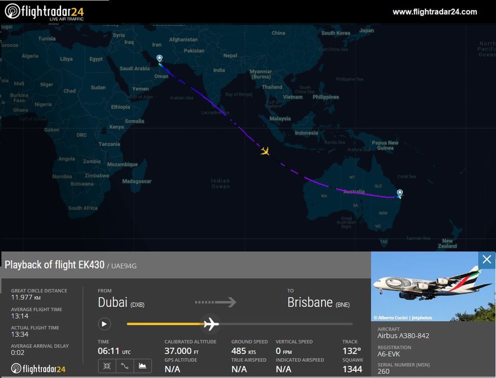 El avión se dirigía desde los Emiratos Árabes con destino a Brisbane.