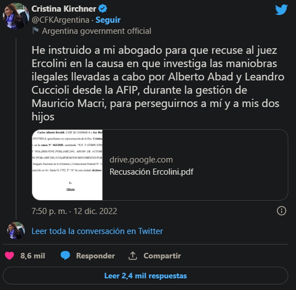 La vicepresidenta Cristina Fernández de Kirchner anunció hoy su decisión de recusar al juez federal Julián Ercolin. Foto: Web