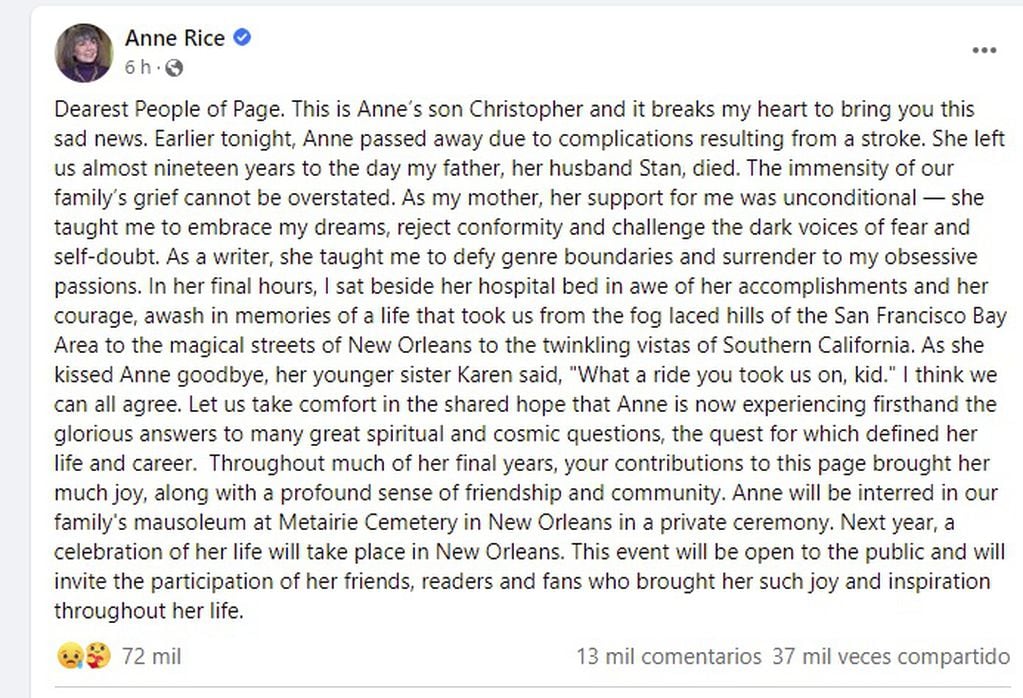 Murió Anne Rice, autora de la saga "Crónicas vampíricas"
