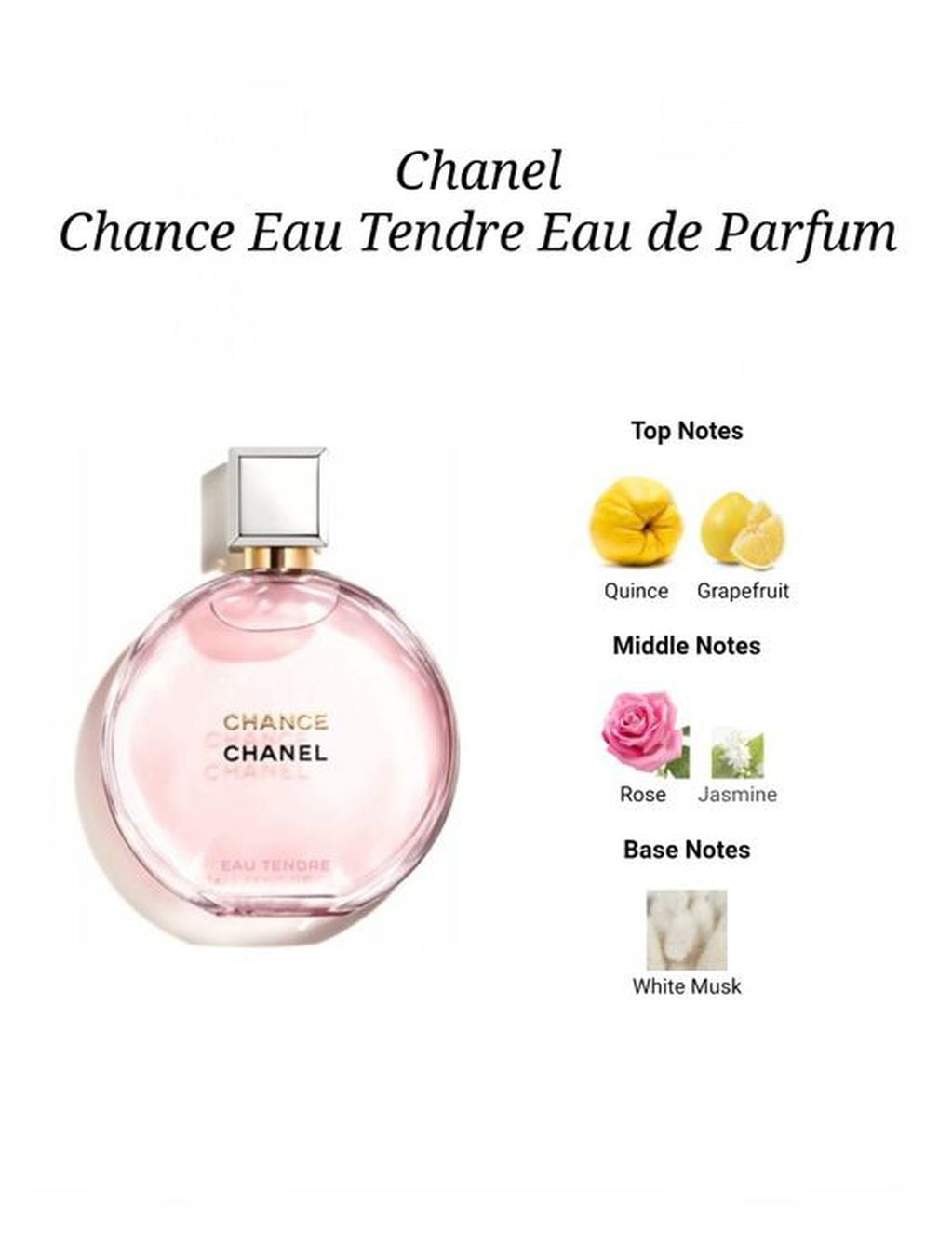 Chance de Chanel: con notas de membrillo, pomelo, rosa, jazmín y almizque blanco.