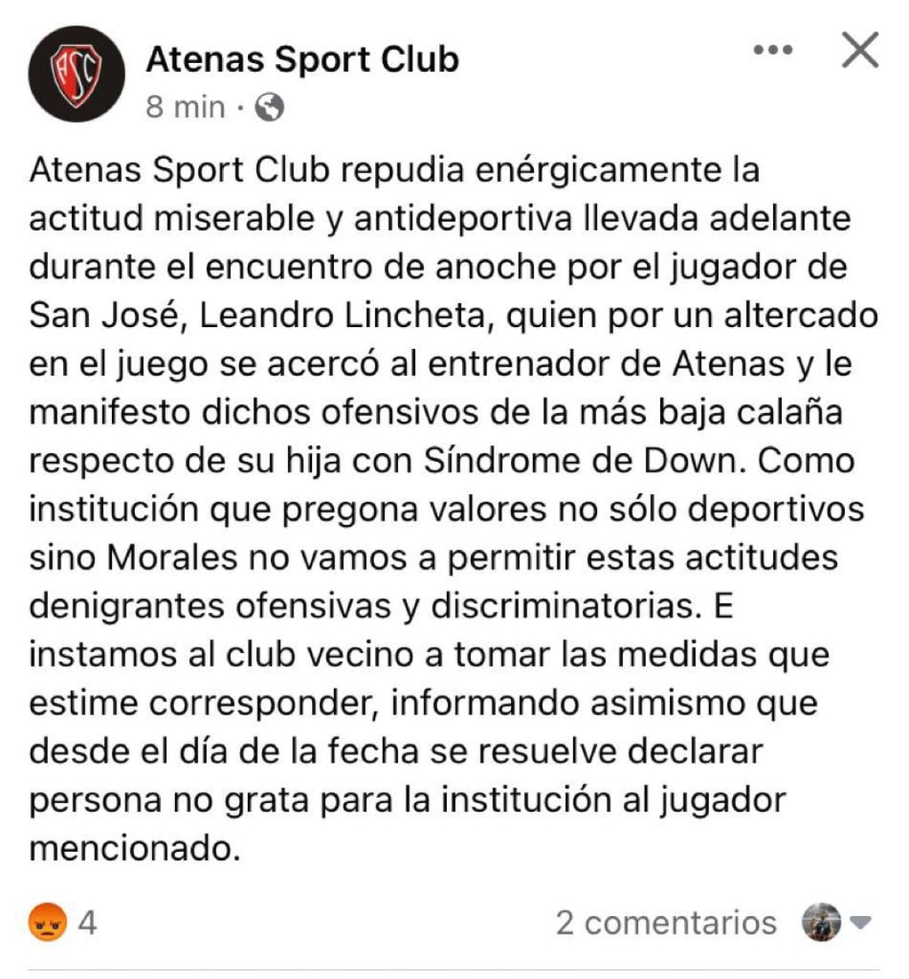 Atenas Sport Club emtitió un comunicado y declaró persona no grata a Leandro Lincheta. / Gentileza.