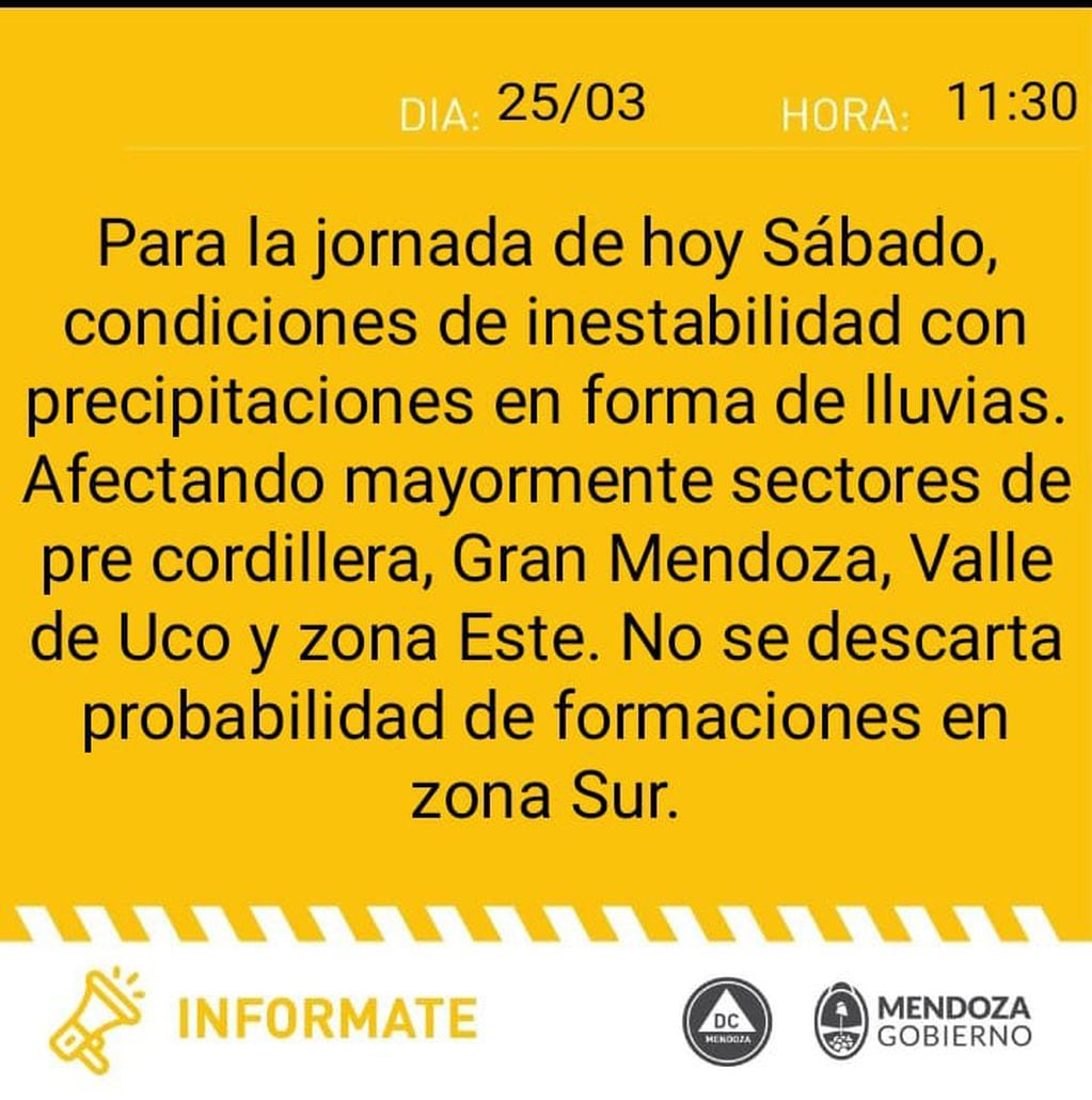Defensa Civil emitió un alerta amarilla para este sábado en Mendoza.
