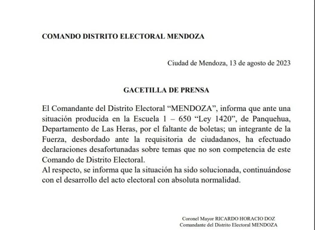 Comunicado del Comando Distrito Electoral de Mendoza.