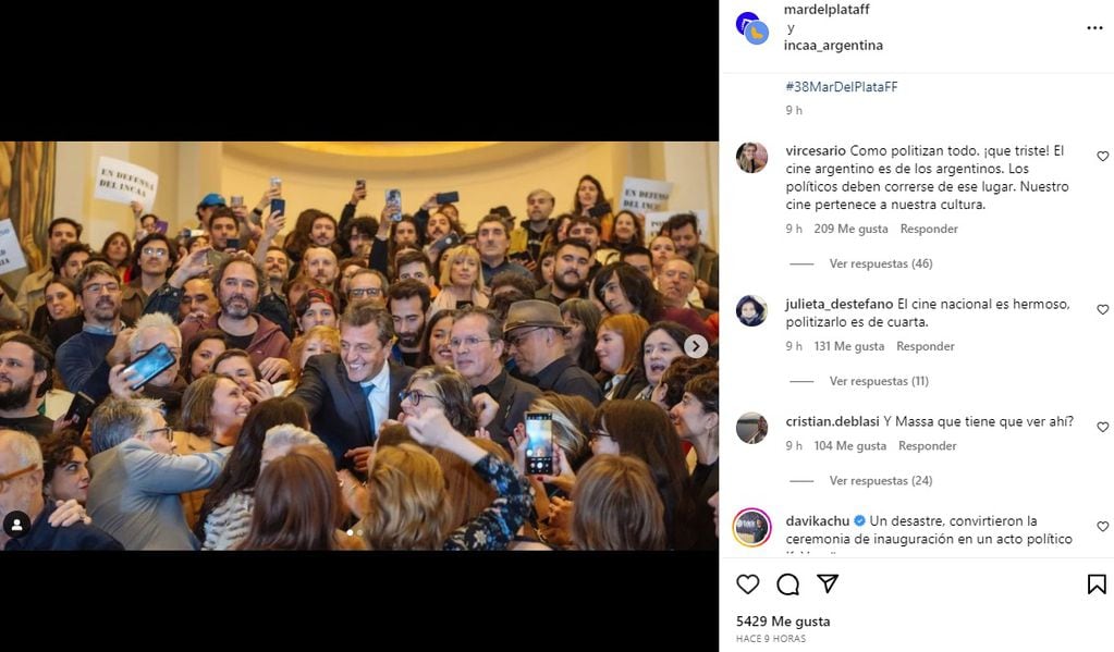 Massa convirtió al Festival de Cine de Mar del Plata en un acto partidario y estalló la polémica / Instagram @mardelplataff