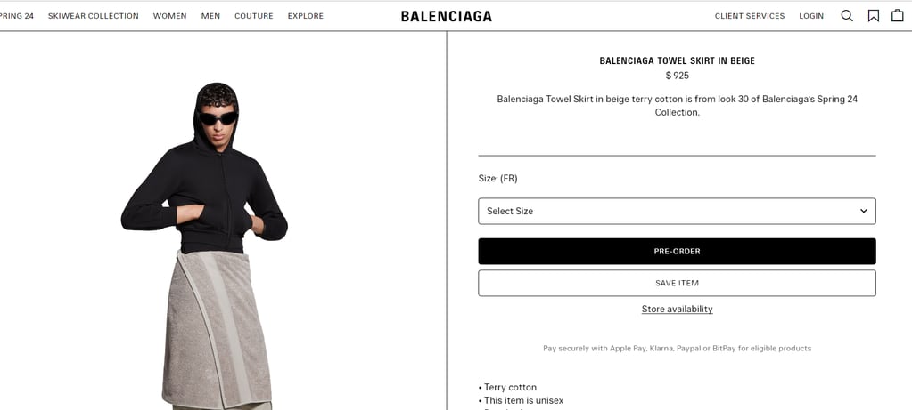 Balenciaga lanzó una absurda falda de toalla que vale casi 1.000 dólares  - Balenciaga