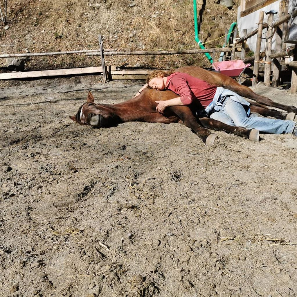 La domadora suiza durmiendo junto a un caballo en el corral