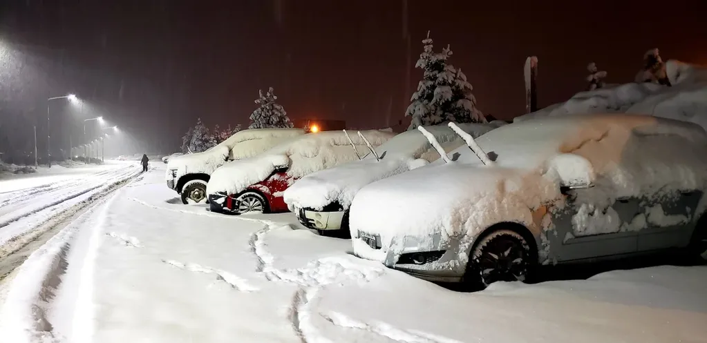 Autos y camionetas bajo la nieve, lo que ve Valentina al salir. Foto: Valentina Sepúlveda
