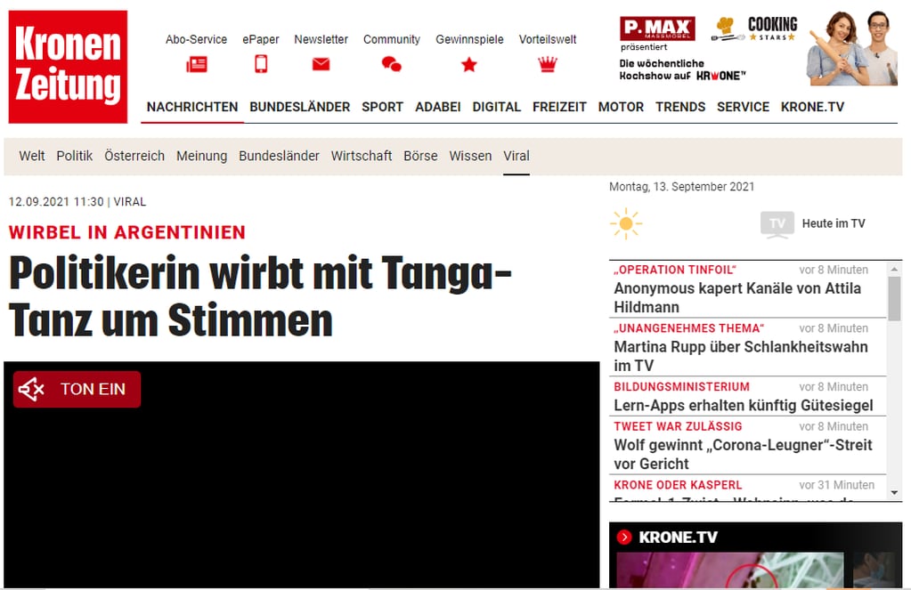 En Austria, antes de las elecciones, se hicieron eco del desopilante y llamativo spot de Cinthia Fernández. Foto: Captura Web.
