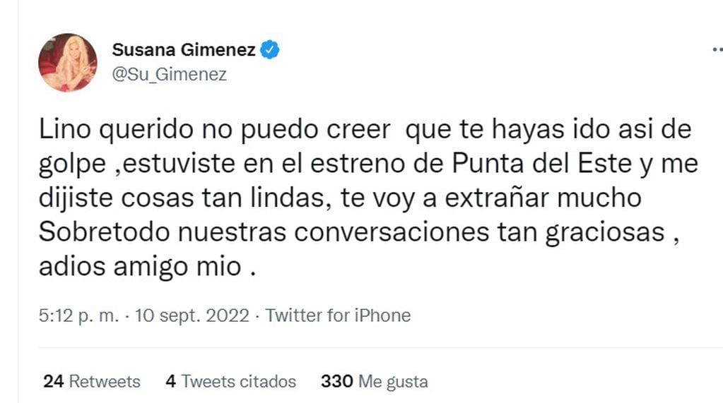 Las palabras de Susana Giménez, haciendo alusión a la vida compartida con su amigo.