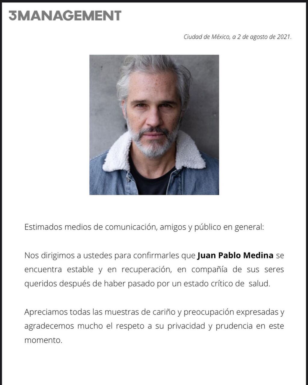 El comunicado de la agencia sobre Juan Pablo Medina, el actor de La Casa de las Flores.