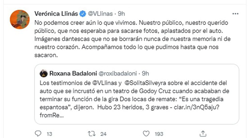 El mensaje de Verónica Llinás tras el accidente en el teatro Plaza de Godoy Cruz (Twitter)
