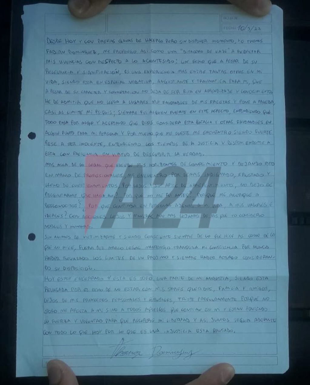 Carta de Thomás Domínguez / Gentileza: A24
