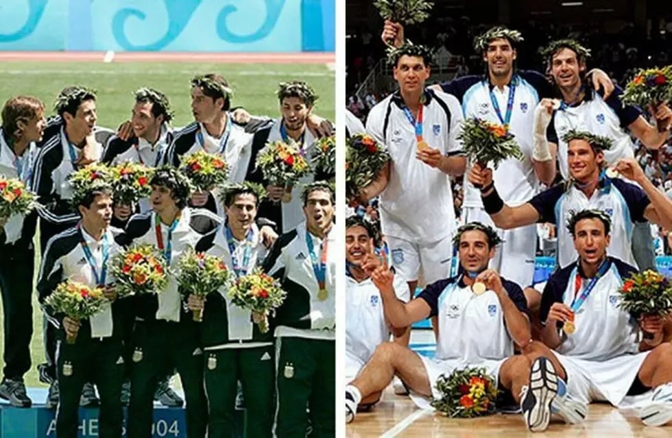 El 28 de agosto de 2004, los seleccionados de Básquet y Fútbol se ubicaban en lo más alto del podio./ Gentileza