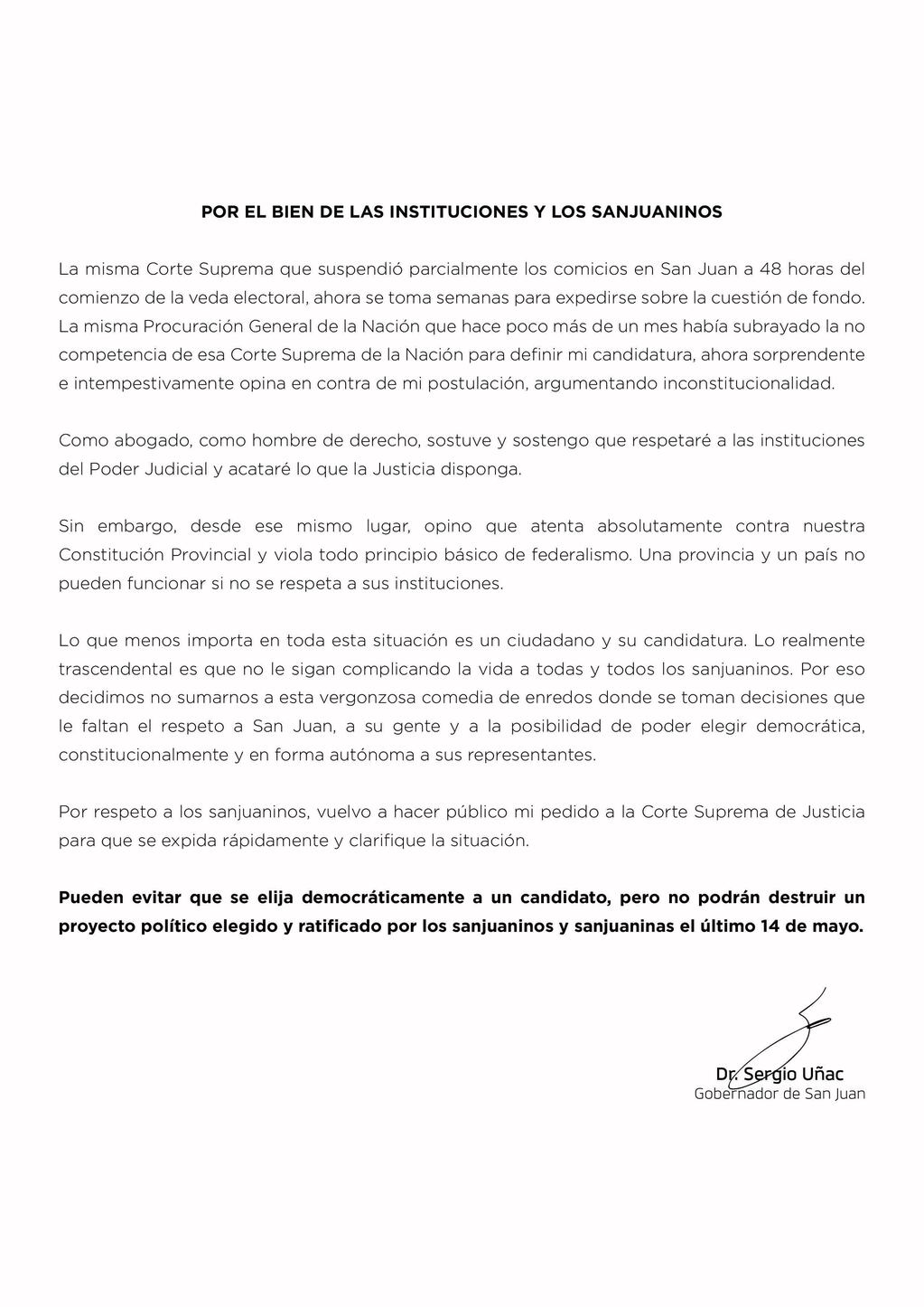 El comunicado oficial de Sergio Uñac.