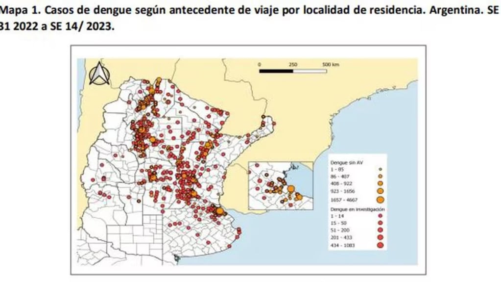Mapa del dengue en Argentina en la semana epidemiológica 14. Gentileza: Infobae.