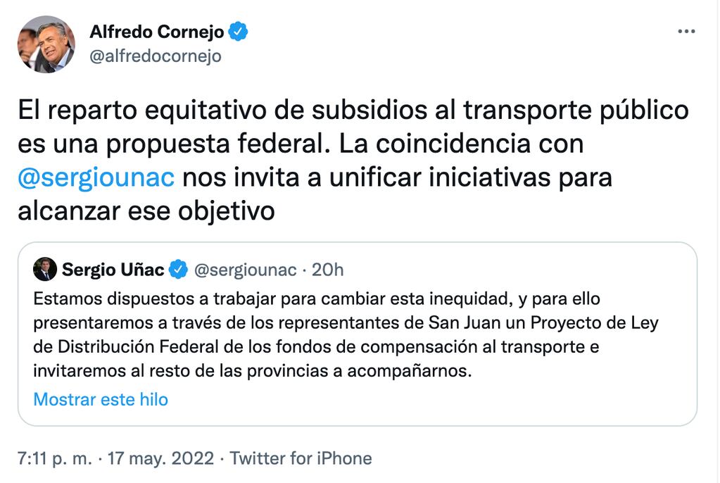 Alfredo Cornejo compartió un mensaje del gobernador de San Juan, Sergio Uñac para mostrar su coincidencia en el tema del subsidio al transporte.