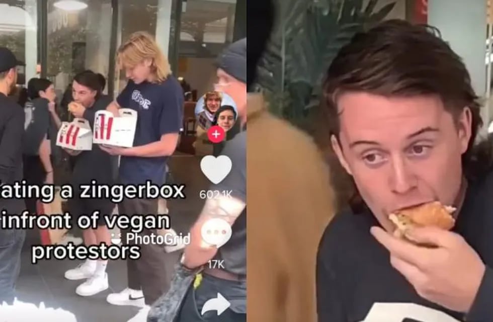 Los jóvenes influencers se burlaron comiendo pollo frito y hamburguesas frente a un grupo de activistas veganos.