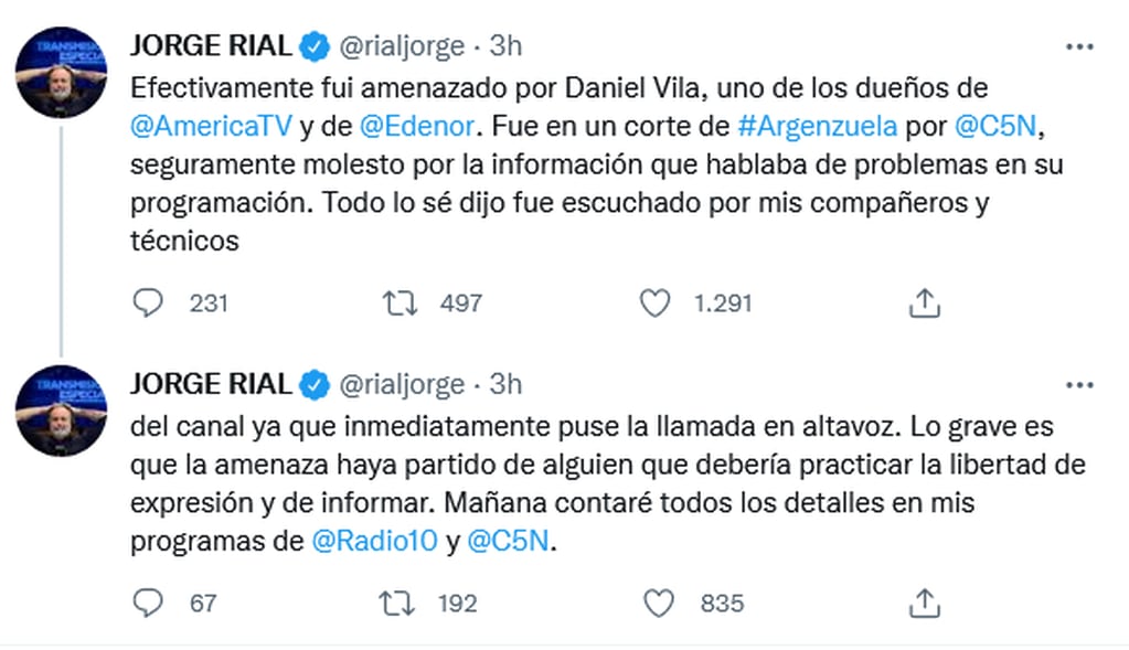 Jorge Rial denunció que Daniel Vila lo amenazó por teléfono. 