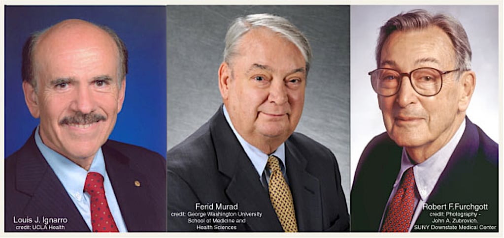 Trio ganador del Premio Nobel de Medicina de 1998, Robert Furchgott, Louis Ignarro y Ferid Murad.
