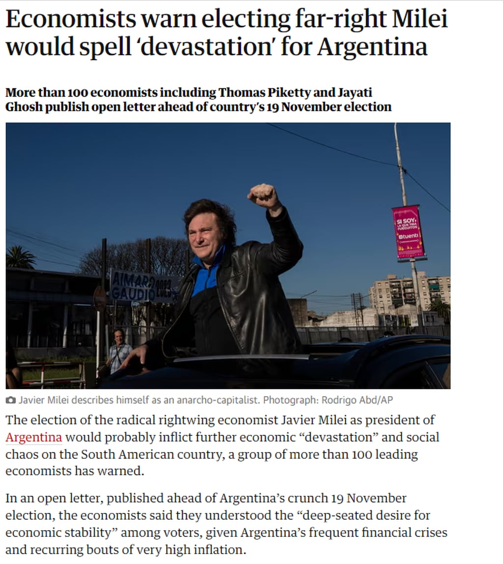 The Guardian: 
Economists warn electing far-right Milei would spell ‘devastation’ for Argentina