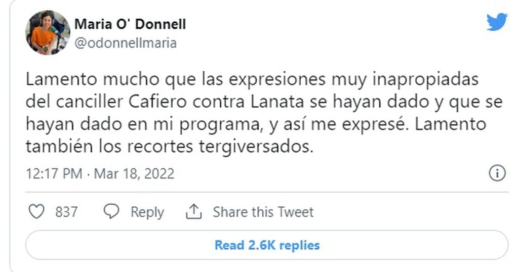 María O'Donnell repudió el insulto vulgar ("dickhead") que Santiago Cafiero dijo en su programa para atacar a Jorge Lanata (Twitter)