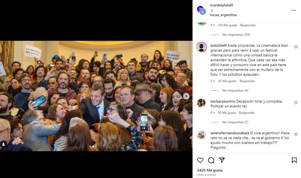 Massa convirtió al Festival de Cine de Mar del Plata en un acto partidario y estalló la polémica / Instagram @mardelplataff