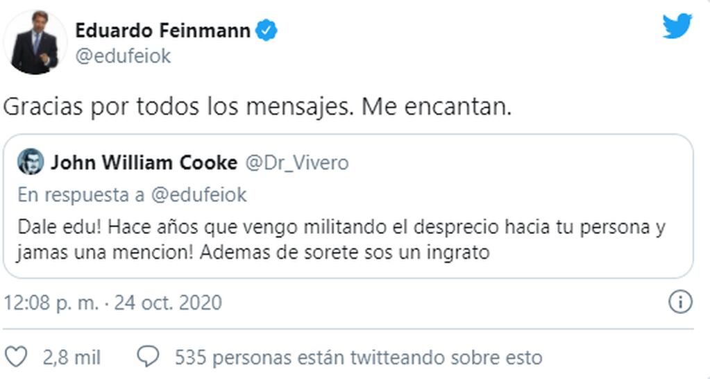 Segunda respuesta de Feinmann a otro seguidores de la red social del "pajarito"