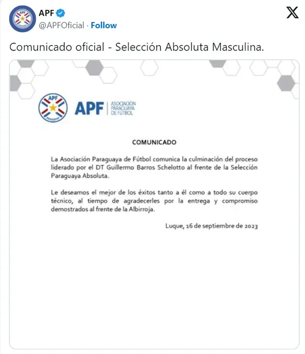 El comunicado de la Asociación paraguaya de fútbol