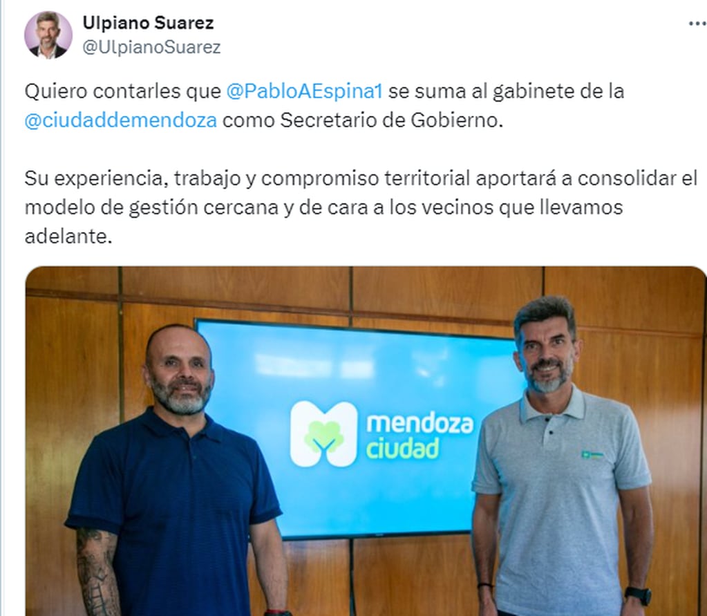 Pablo Espina, nuevo Secretario de Gobierno de la Ciudad de Mendoza, junto al intendente Ulpiano Suárez.