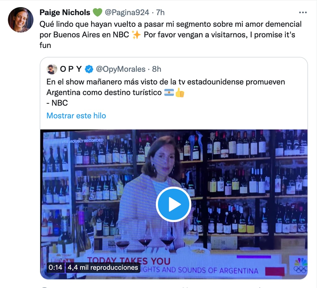 La periodista Paige Nichols recomendó su informe sobre el turismo en Argentina.