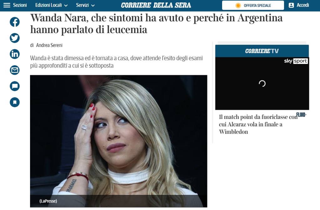 "Wanda Nara qué síntomas tiene y por qué en Argentina hablaron de leucemia", dice el diario italiano