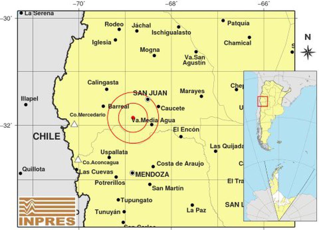El epicentro del sismo tuvo lugar a 49 km al Sur Oeste de San Juan; 112 km al Norte de Mendoza; 41 km al O de Media Agua.