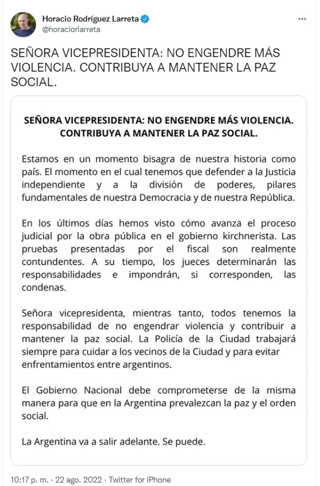 Vía Twitter, Horacio Rodríguez Larreta le contestó a Cristina Kirchner