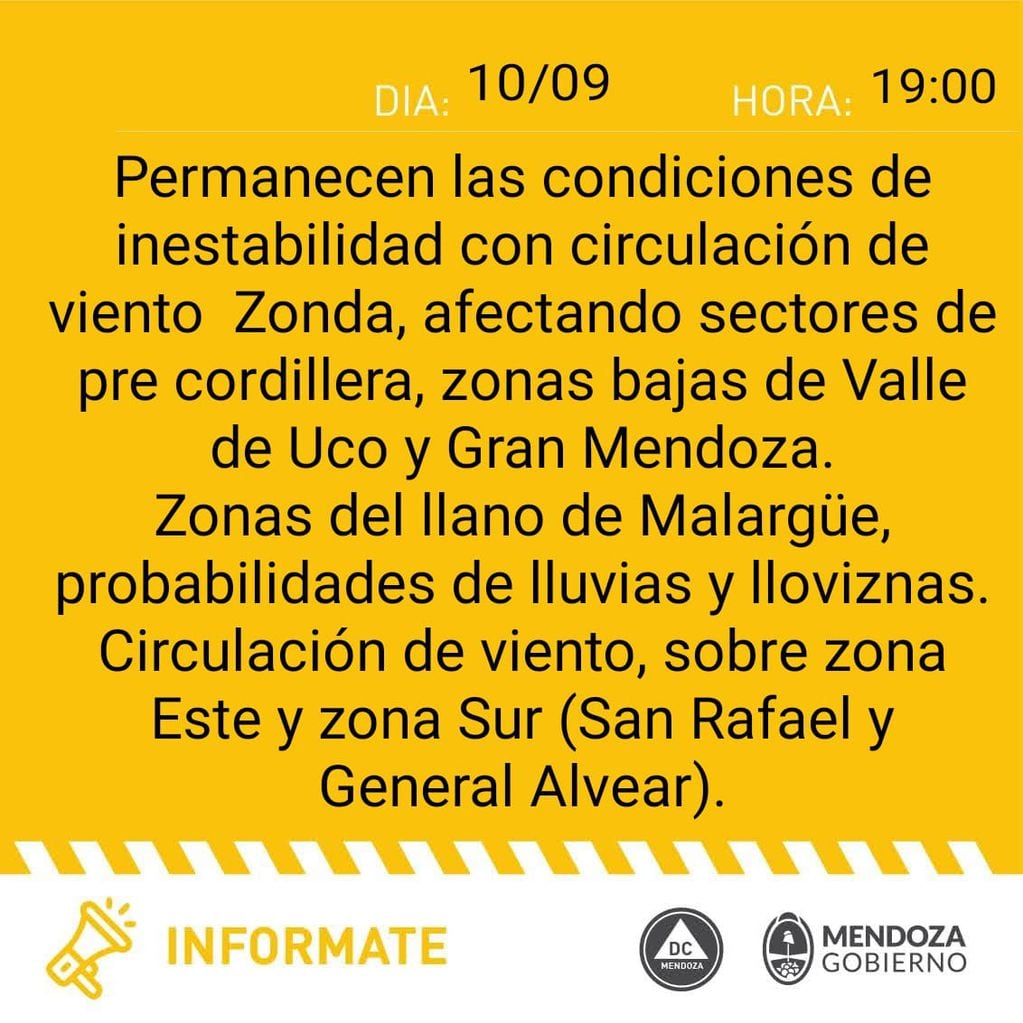Condiciones de inestabilidad para este lunes en Mendoza: Gentileza: Servicio Meteorológico.