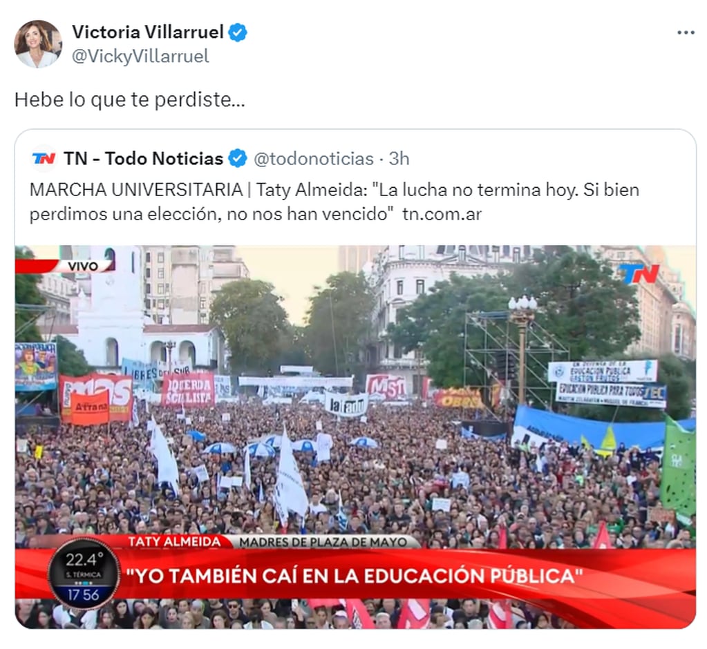 Victoria Villarruel criticó el discurso de la integrante de Madres de Plaza de Mayo Línea Fundadora Taty Almeida - X