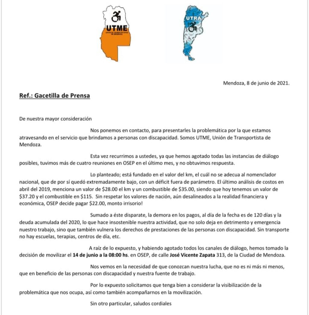 La nota donde la Unión de Transportistas de Mendoza explica los motivos de la protesta y movilización contra OSEP.