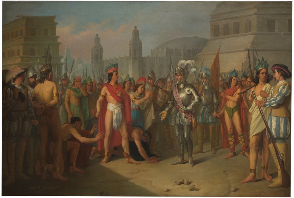 Prisión de Guatimocín, último emperador de los mejicanos, por las tropas de Hernán Cortés, y su presentación a este en la plaza de Méjico (1854), óleo de Carlos María Esquivel y Rivas.