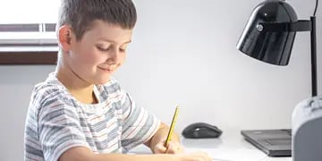 A cute little boy does his homework on his own, sitting at his desk.